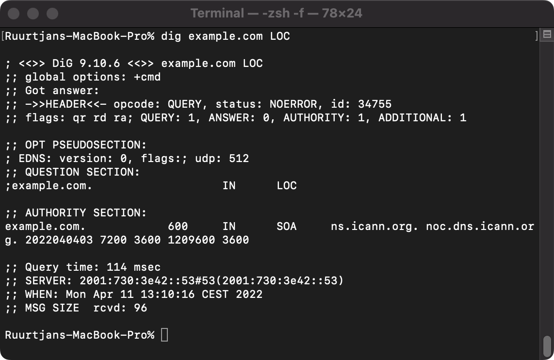 Example output of a LOC lookup query