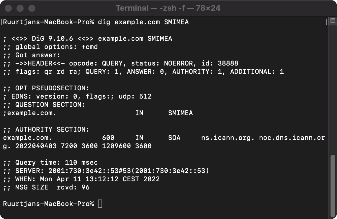 Example output of a SMIMEA lookup query